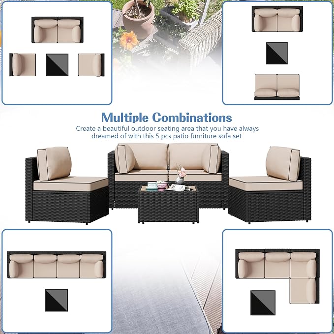 5 Piece Outdoor Patio Furniture Set,Black PE Rattan Wicker Sectional Sofa, All Weather Conversation Set with Washable Cushions & Glass Coffee Table for Backyard Poolside Garden Porch,Khaki