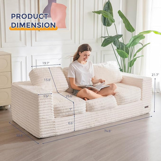 MAXYOYO 3-Seater Boneless Sofa Couch, Modern Faux Fur Sofa for Living Room, Soft Bean Bag Chair High-Density Foam Couch with Pillows, No Assembly Required