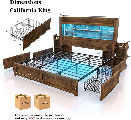 LUXOAK California King Bed Frame with 49.6" Bookcase Headboard & 2 Bedside Stoage Racks & 4 Drawers, Farmhouse Wood Bed Frame with RGB LED & Charging Station, No Box Spring Needed, Rustic Brown