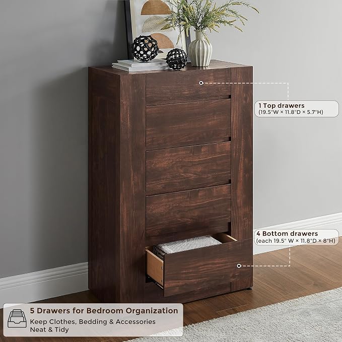 OKD 5 Drawer Dresser for Bedroom, 48" Tall Dresser Chest of Drawers with Thick Wood Design, Handleless, Modern Bedroom Dresser, Storage Organizer for Living Room/Entryway, Dark Walnut