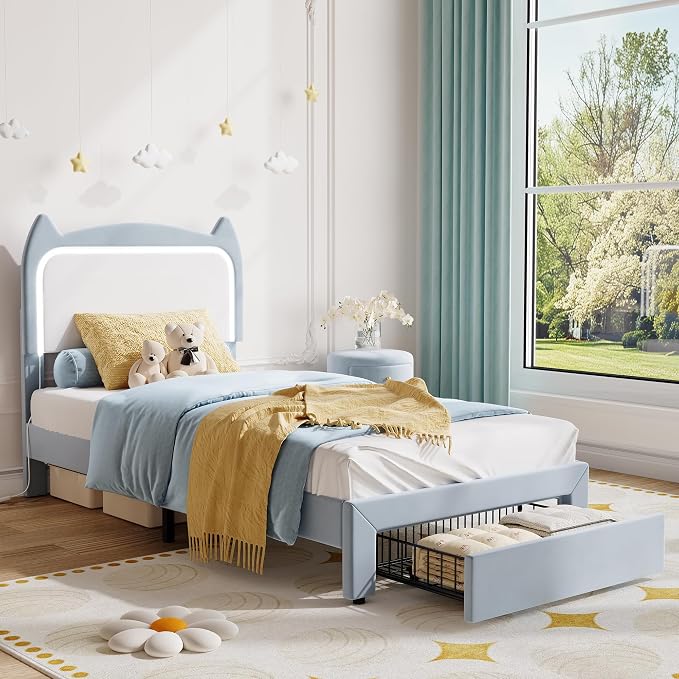 Garvee Twin Upholstered LED Bed Frame with Storage Drawer & Cute Cat Headboard, Velvet Princess Platform Bed Frame with Sturdy Wood Slats Support for Girls/Kids, No Box Spring Needed, Blue