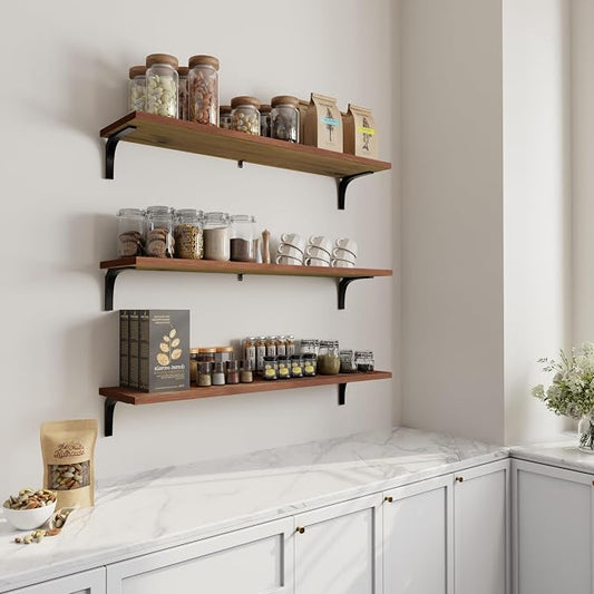 Deep Floating Shelves, 12 Inch Extra Wide Solid Wood Wall Shelves, Heavy Duty Wall Mounted Bookshelf for Living Room, Kitchen and Bedroom, Set of 3 (36 Inch, Brown)