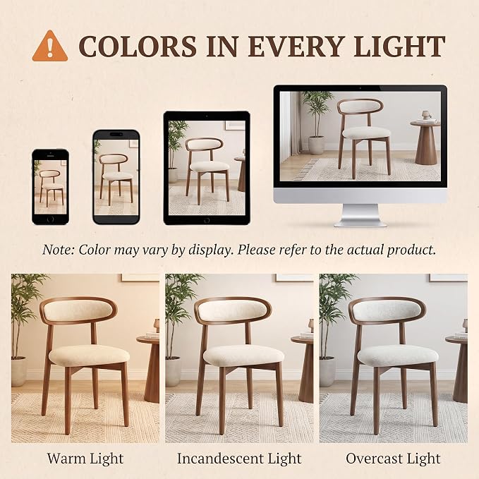 Wooden Dining Chairs Set of 4, Modern Fabric Upholstered Dining Room Chair, Kitchen Side Chairs, Farmhouse Dinner Chair with Curved Back for Kitchen, Beige
