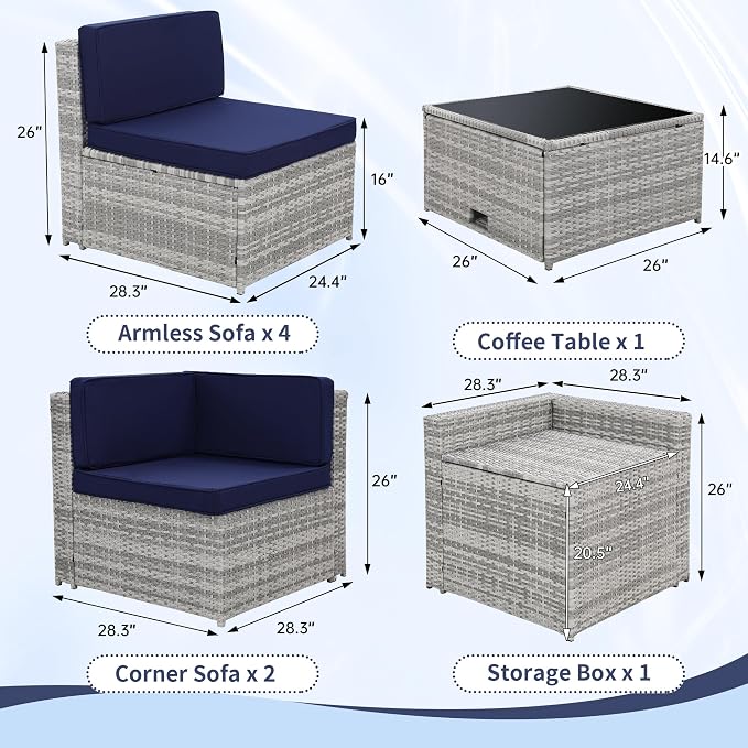 KROFEM 8-Piece Patio Furniture Set, Outdoor Wicker Rattan Sectional with Thick Cushions, Glass Top Table with Hidden Storage, Outdoor Conversation Set for Backyard, Porch, Patio, Blue