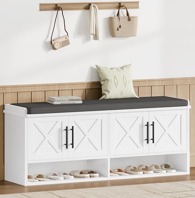 Farmhouse Shoe Storage Bench with Cushion, 47.2" Wide Entryway Bench with Adjustable Shelves and Open Bottom Shelf, Hidden Shoe Cabinet Storage for Entryway, Hallway, Bedroom White