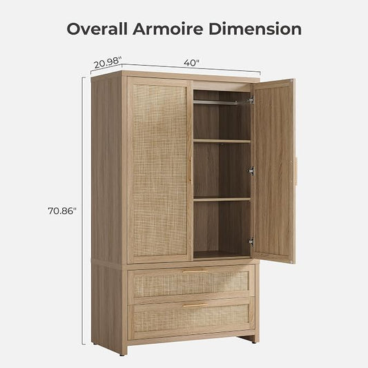 SICOTAS Larger Armoire Wardrobe Closet, 71" Tall Rattan Freestanding Wardrobe Closet Cabinet with Storage and 2 Drawers, Boho Armoire Clothes Organizer with Hanging Rod for Bedroom, Light Oak (2 PCS)