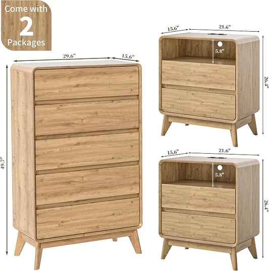 3-Piece Farmhouse Bedroom Storage Set, 5-Drawer Chest & Nightstands Set of 2 with Charging Station, Handle-Less Design, Rounded Corners, Anti-Tip Safety Furniture, Natural
