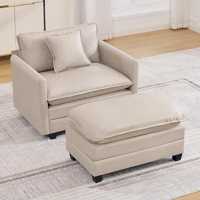 WUTUTUEE 41'' Modern Leather Oversized Chair, Upholstered Accent Living Room Chair with Extra Thicked Deep Seat, Single Lounge Chair for Bedroom, Small Apartment, Leather Beige