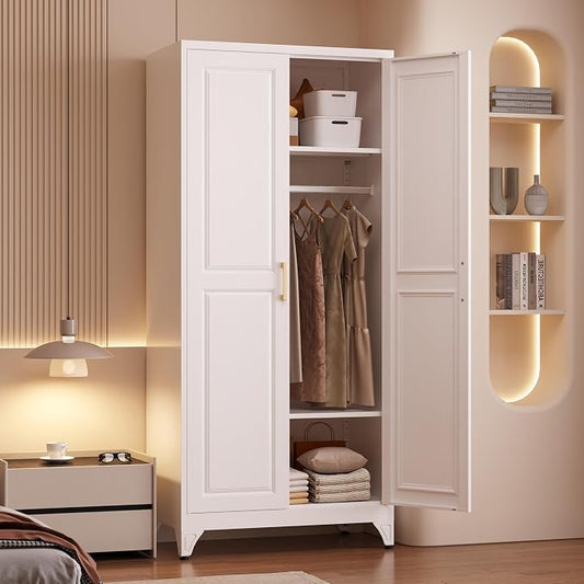 Armoire Wardrobe Closet with Hanging Rod, 71" Tall Metal Clothes Storage Cabinet with Doors and Adjustable Shelves, White Wardrobe Cabinet, Steel Closet for Bedroom, Bathroom, Office, School