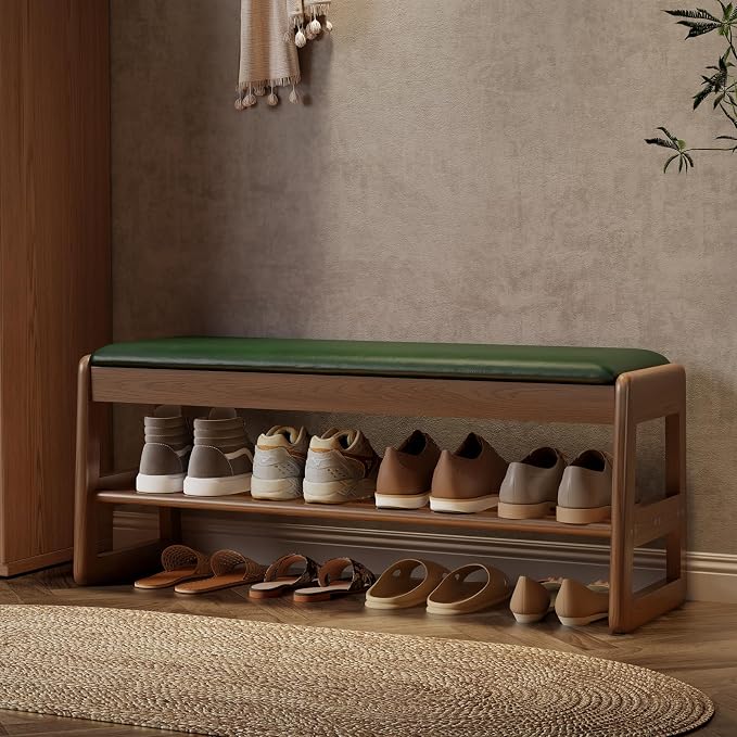 AQIMUELE Shoe Rack Bench,2 Tiers Shoe Bench with Storage with Flip-Top,Wood Shoe Rack for Entryway,Hallway(Green Upholstered Seat,11.8" D x 39.3" W x 15.7" H)