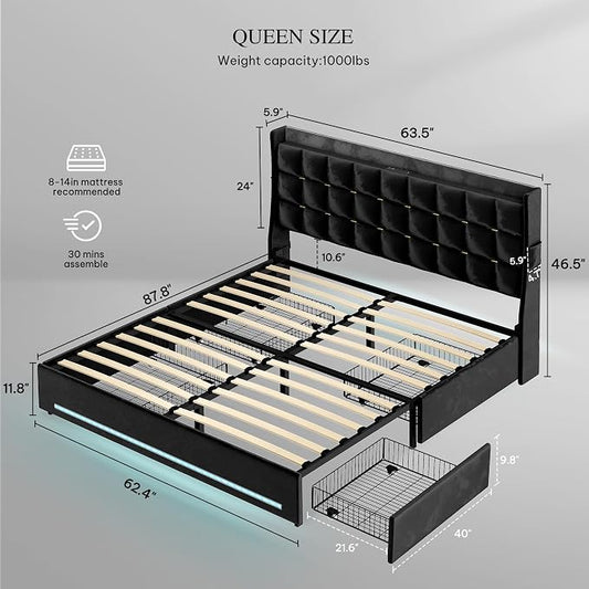 DWVO Queen Size Bed Frame with 4 Drawers and RGB LED Lights, Velvet Upholstered Platform Bed with Charging Station and Storage Headboard, No Box Spring Needed, Easy Assembly, Noise-Free, Black