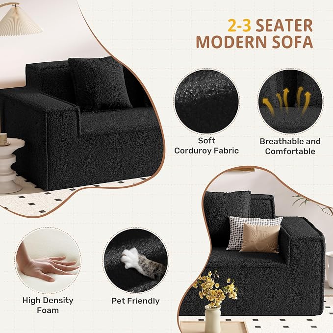 75'' Cloud Loveseat Sofa, No Assembly Required Comfy Deep Seat Couches 1 pcs for Living Room, Bedroom, Apartment(Teddy Fabric-Black)