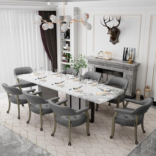 LEEMTORIG Set of 8 Dining Chairs with Casters and Arms, Rolling Dining Chairs with Wheels for Elderly, Ergonomic Wide Seat Wooden Office Desk Chair, 26"Dx25.2"W, Grey Legs&Dark Grey Fabric SY-1318-GY