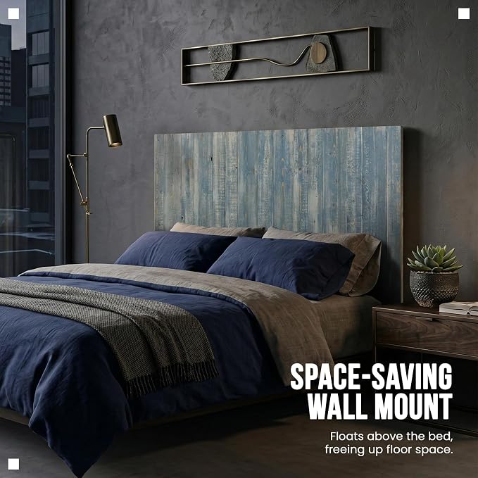 Barn Walls Solid Wood Queen Headboard, Wall Mounted Floating Fluted Headboard for Queen Bed Size, Farmhouse Rustic Mid Century Style, Low Profile Mount, Blue Powderwash, 64.5" L x 2" W x 36" H