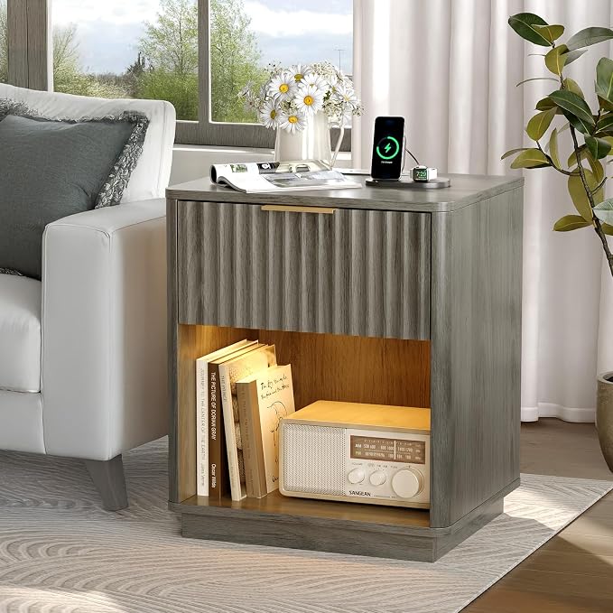 VINGLI Night Stand with Charging Station & Led Light, 19" W Fluted Nightstand Round Edge, Wood Nightstand Mid Century Modern End Table, Bed Side Table for Bedroom, Living Room, Gray Oak
