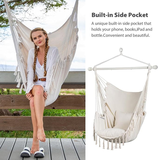SUNCREAT Hammock Chair Hanging Rope Swing Seat-Max 450lbs Capacity, Extra Large Macrame Hanging Swing with Side Pocket, Two Seat Cushion, Beige