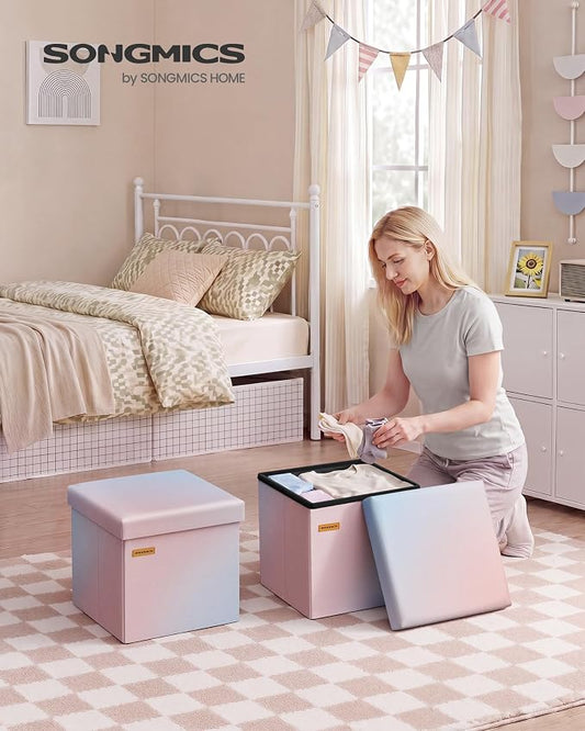 SONGMICS Folding Storage Ottoman Bench, Linen Fabric, Storage Chest, Foot Rest Stool, Holds up to 286.6 lb, 11.8 x 11.8 x 11.8 in, Bedroom Bench, Pink-Blue Ombre, Minota Collection ULSF028X101
