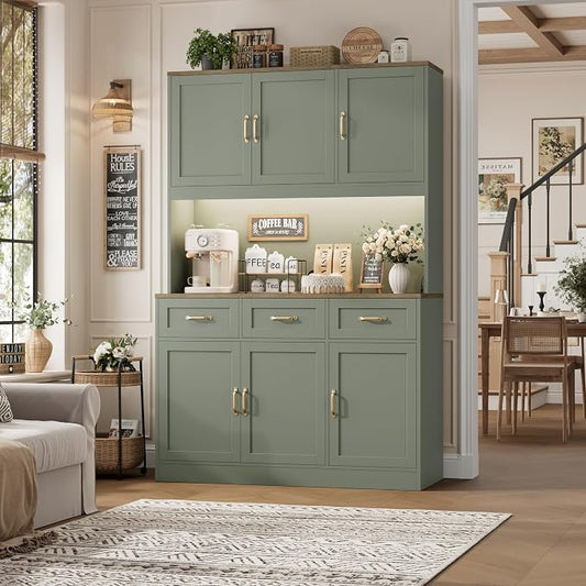 HOSTACK 72" Tall Kitchen Pantry Cabinet with Charing Station | LED Lights, 47" W Kitchen Pantry Storage Cabinet with Countertop, Modern Kitchens Hutch Cabinets with Storage for Dining Room, Green