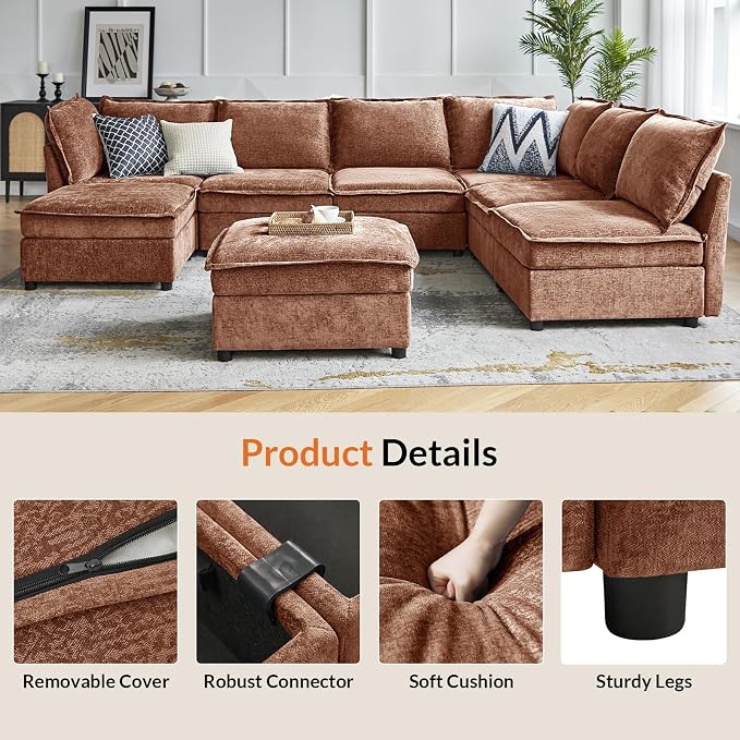 HULALA HOME Oversized Modular Sectional Sofa, 8 Seat U Shaped Couch with Storage Ottoman, Comfy Chenille Sofa with Deep Seat, Convertible Sectional Couches for Living Room, Burnt Orange