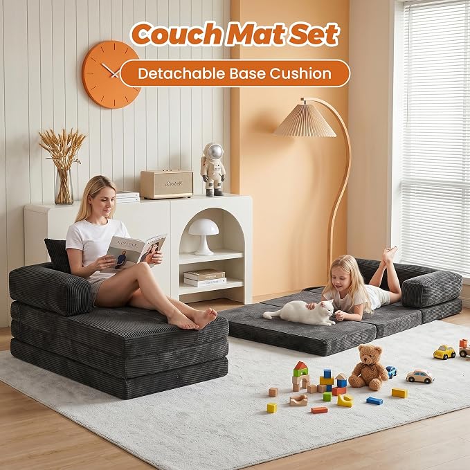6-in-1 Boneless Couches L-Shaped Modular Sectional Sofa | Cloud Couch Sectional & Tri-Folding Mattress | Corduroy Pet-Friendly Convertible Sofa Bed with 800LB Capacity Apartment, Guest Room