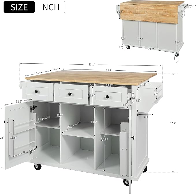 Large Kitchen Island with Rubber Wood Drop Leaf, Rolling Kitchen Cart with Ample Storage on Wheels with Doors and Drawers for Dining Room (Modern White, White Handle, 53Inch)