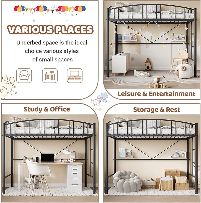 GarveeHome Loft Bed Twin Size, Heavy Duty Metal Loft Bed Frame with Arched Guardrail and Safety Ladder, Space-Saving, No Box Spring Needed, Modern Black