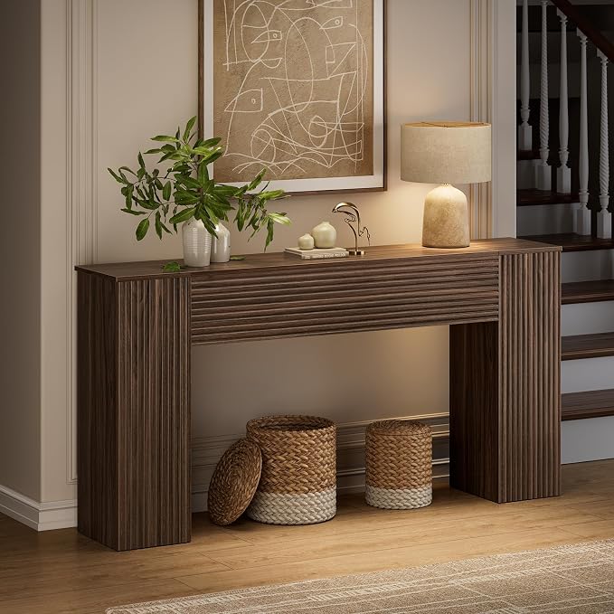 FABATO 61'' Fluted Long Console Table, Wooden Rectangular Sofa Table Behind The Couch, Narrow Entryway Table with 2 Hidden Storage Cabinets for Entrance, Hallway, Living Room, Foyer, Walnut