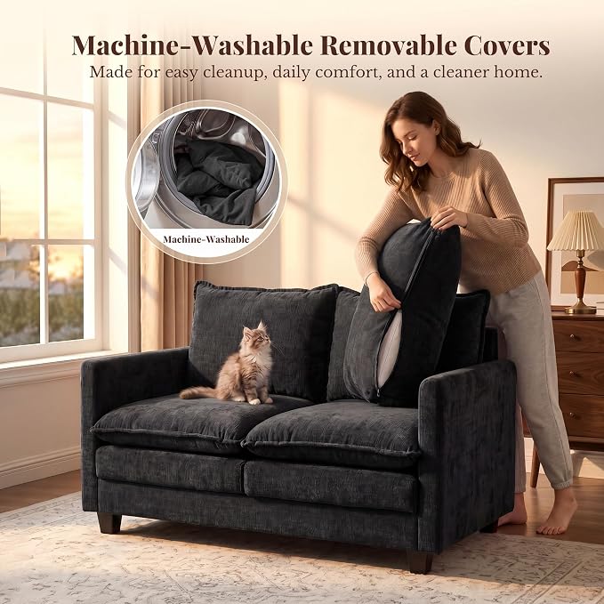Loveseat Sofa with Cloud 3-Layer Cushion & 27" Deep Seat, Modern Small Couch No Pillows for Small Spaces, Bedroom, Apartment, Office, Living Room, in a Box, 50-Inch Black