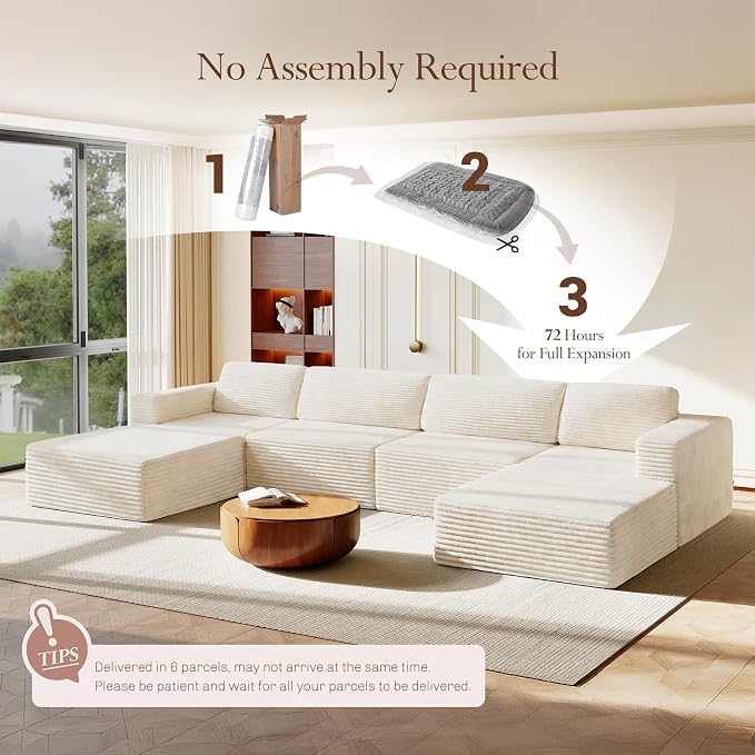 Vesgantti 159" Large Modular Sectional Sofa, U-Shaped Corduroy Cloud Couch with Deep Seats & Spring Support, 4-Seater Boneless Sofa with 2 Movable Ottomans, No Assembly Needed, Beige