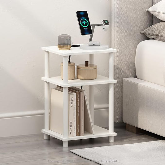Furinno JUST Night Stand, 3-Tier Turn-N-Tube Nightstand with Charging Station, Bedside Table, End Table, Side Table with USB and Type-C Port, for Bedroom, Closet, Dorm, White