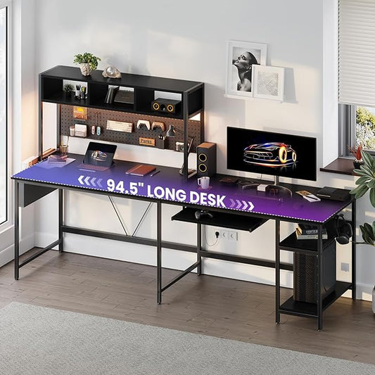 DUMOS 67" L Shaped Gaming Desk, Corner Desks for Compact Spaces with Keyboard Tray & Storage Shelf,Reversible Computer Desk with LED Lighting,Metal Frame PC Gaming Table for Home Office, Black