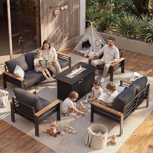 Aoxun Patio Furniture Set, Aluminum Patio Set with Fire Pit Table and 5" Thicken & Washable Cushion, Waterproof Outdoor Furniture, Outdoor Couch Sectional for Backyard (7 Seats/F, Dark Grey)