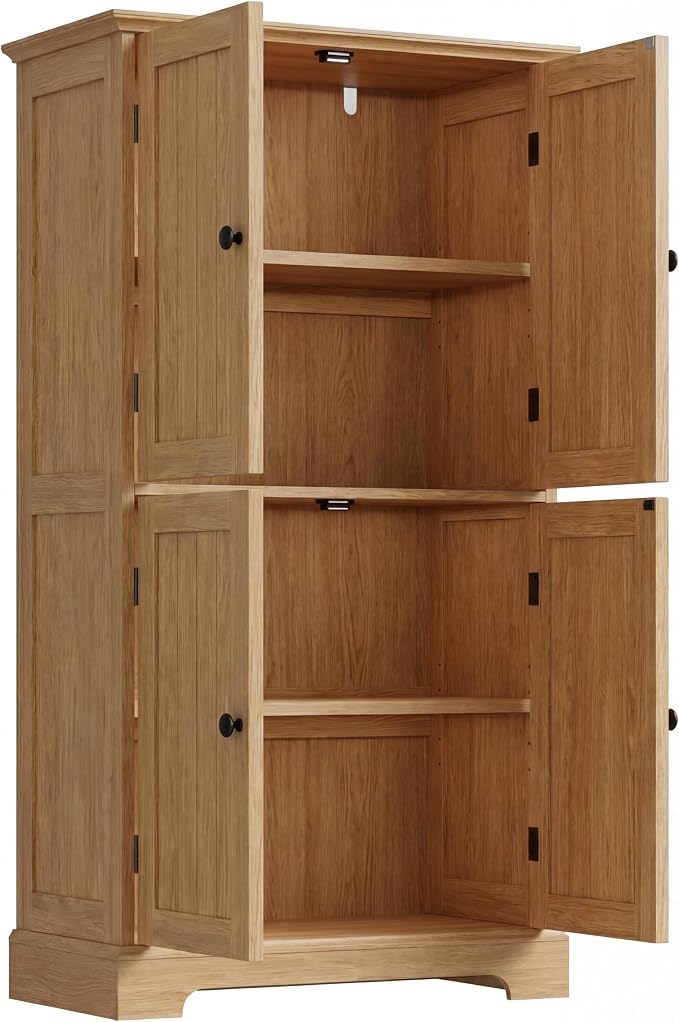 ChooChoo Bathroom Floor Cabinet, Modern Bathroom Storage Cabinet with 4 Doors and Adjustable Shelves, Freestanding Cupboard for Living Room, Natural