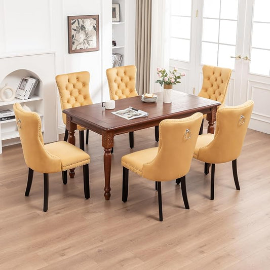 Mid Century Modern Dining Chair Set of 6 Velvet Upholstered Dining Accent Chair Farmhouse Dining Chairs with High Back and Nailhead Trim for Kitchen, Living Room, Bedroom (Gold)