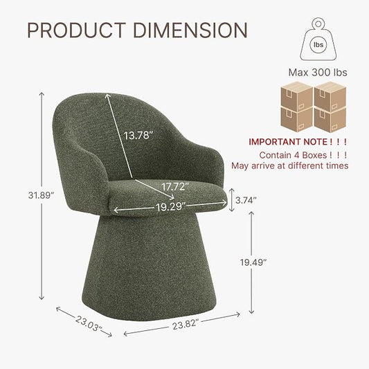 KISLOT Swivel Dining Chairs Set of 4, Upholstered Modern Barrel Dining Chairs with 360° Swivel Base, Chenille Velvet Fabric Accent Kitchen Chairs with Arms, Padded Dining Room Chairs, Green