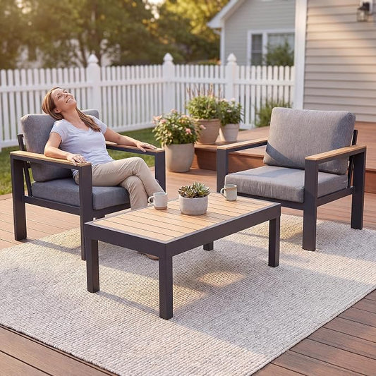 3-Piece Balcony Patio Furniture Set, Gray Aluminum Outdoor Chair Set with 2 Single Patio Chairs & Coffee Table, 1.5mm Thick Rustproof Frame, Waterproof Removable Cushions for Small Balcony Front Porch