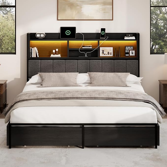 BRELTAM Queen Bed Frame with 6 Storage Drawers, Linen Upholstered Headboard, Built-in USB Charging Station & LED Lighting, Silent Metal Support, No Box Spring Needed, Vintage Black