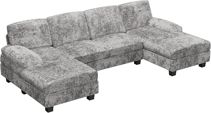 Furniwell Convertible Sectional Sofa Couch, 4 Seat Sofa Set for Living Room U-Shaped Modern Fabric Modular Sofa Sleeper with Double Chaise & Memory Foam (Fabric, Grey)