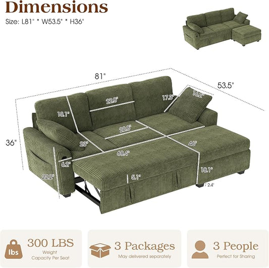 Ihanherry 81-inch Corduroy Modular Sectional Sofa Bed with Storage Ottoman & USB Port, Reversible 3-Seater L-Shaped Sleeper Sofa, Left or Right Fasing Chaise for Living Room(Green)
