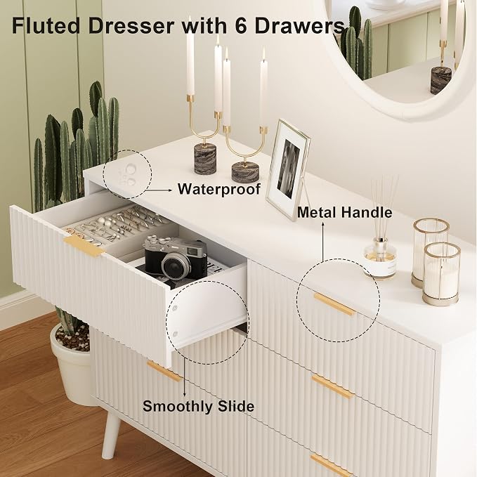 Fluted 6 Drawers Dresser for Bedroom, Wooden Wide Chest of Drawers with Metal Handle, Dresser TV Stand, Closet Storage Organizer for Entryway, Living Room, Hallway (White)