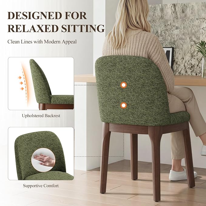 MALOL Upholstered Dining Chairs with Thickened Solid Wood Legs, Mid Century Modern Kitchen & Dining Room Chairs Set of 6, Comfortable Side Chairs for Dining Room, Kitchen, Green