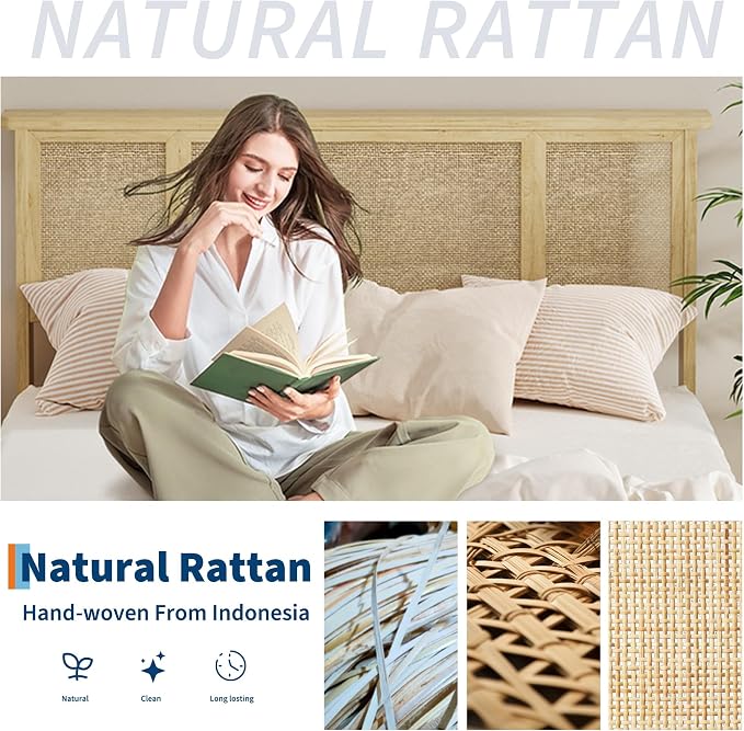 IDEALHOUSE Full Bed Frame with Natural Rattan Headboard, Slats, Bohemian-Style Cane Mattress Support, Strong Metal Base with Resilient Wooden, No Box Spring Needed