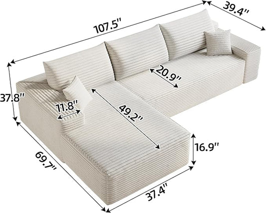 107" Corduroy Couch for Office, Cloud L Shape Sofa, Deep Seat Comfy Couches for Living Room Bedroom Apartment, Compressed Foam No Assembly Required, Left Facing Chaise, White