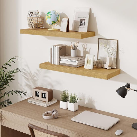 Fun Memories 32 x 10 Floating Shelves Wall-Mounted - Rustic Wood Shelf - 10 Inch Deep Floating Shelves for Wall - Large Storage Shelf for Bathroom - Kitchen & Bedroom - Oak - Set of 3