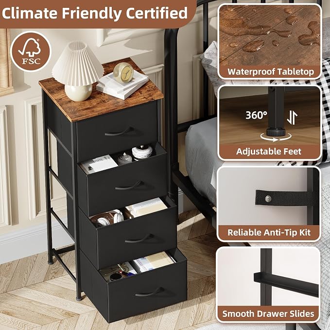 Somdot Dresser for Bedroom with 4 Drawers, Storage Organizer Chest of Drawers with Removable Fabric Bins for Closet Bedside Living Room Laundry Entryway Hallway, Black Rustic Brown