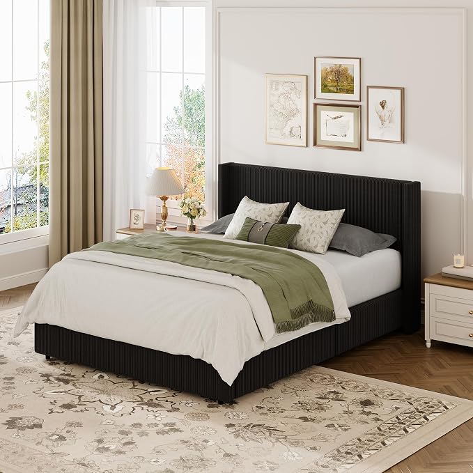 Garvee Queen Lift Up Storage Bed Frame, Corduroy Upholstered Platform Bed with Gas Lift, Padded Headboard, Wooden Slat Support, No Box Spring Needed, Easy Assembly, Black