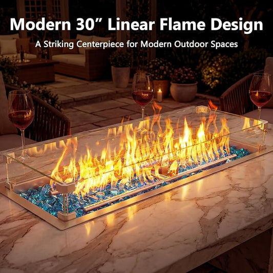 Hisencn 30 x 10 Inch Drop-in Fire Pit Kit, Premium Stainless Steel Modern Fire Trough with Tempered Glass Wind Guard, Built-in Outdoor Table Flame Feature for Patio, Backyard & Entertaining
