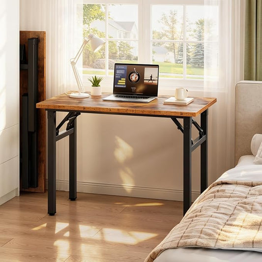 Need 35.8 Inch Folding Desk for Small Spaces, Home Office Computer Desk with Wood Top & Black Frame, Foldable Writing Table for Study, Bedroom, Dorm Room & Student, Rustic Brown