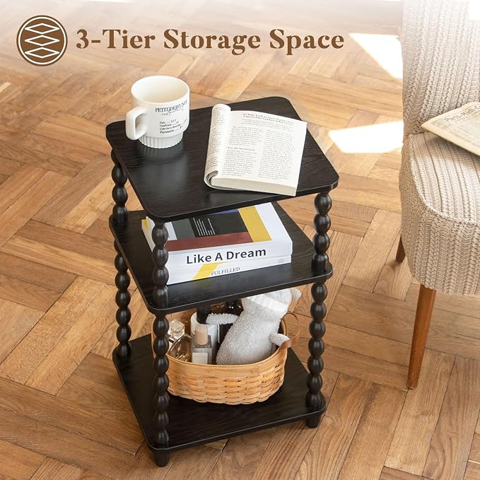 Fultyle Side Table, Small End Table with Storage Shelf, Vintage Nightstand Bedside Table for Living Room, Bedroom, Office and Small Spaces (Black)