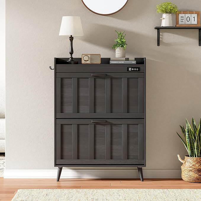 ChooChoo Shoe Storage Cabinet with 2 Flip Drawers, Deodorizing Shoe Organizer Storage for Entryway, Freestanding Hidden Slim Narrow Shoe Rack Cabinet, Black